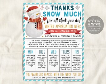 Winter Theme Teacher Staff Appreciation Week Itinerary Flyer Editable Template, Snowman Thank You Snow Much Schedule Newsletter PTA PTO