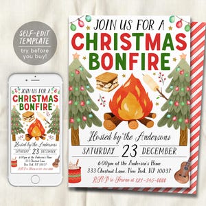 May include: A Christmas bonfire invitation template featuring a campfire, s'mores, and decorated pine trees. The text reads: JOIN US FOR A CHRISTMAS BONFIRE, Hosted by the Andersons, SATURDAY 23 DECEMBER, 6:00pm at the Anderson's Home, 333 Chestnut Lane, New York, NY 10037, RSVP to Serena at 121-345-0000.