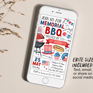 Pode incluir: Um convite digital para um churrasco do Dia de Mem&oacute;ria organizado pelos Andersons. O convite apresenta um esquema de cores vermelho, branco e azul com ilustra&ccedil;&otilde;es de fogos de artif&iacute;cio, uma churrasqueira, cachorros-quentes e cupcakes. A data &eacute; 25 de maio e o hor&aacute;rio &eacute; das 17h00 &agrave;s 20h30. O endere&ccedil;o &eacute; 333 Chestnut Lane, New York, NY 10037. As informa&ccedil;&otilde;es de RSVP s&atilde;o para Serena no 121-345-0000. O texto "EVITE SIZE INCLUDED!" tamb&eacute;m est&aacute; inclu&iacute;do no convite.