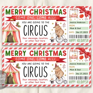 Weihnachtszirkusticket bearbeitbare Vorlage, Überraschungskarnevalsticket Geschenkgutschein für Kinder, Urlaub Themenpark Tagesausflug Zertifikat Reveal