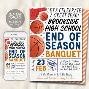 May include: A printable invitation for a basketball end of season banquet. The invitation features a basketball design with a red, white, and blue color scheme. The text on the invitation reads "Let's Celebrate a Great Year! Brookside High School End of Season Banquet" and includes the date, time, and location of the event. The invitation also includes the price of $8 per person or $20 per family.