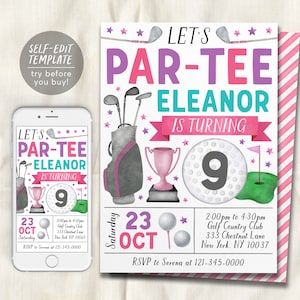Golf Birthday Invitation Editable Template, Girl Let's Par Tee Golf Ball Party Invite, Kids Sports Theme Evite, Mini Golf Tournament
