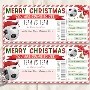 Plantilla editable de boleto de regalo de Navidad para juego de fútbol, boleto de juego de fútbol sorpresa de Navidad, certificado de regalo de vale de vacaciones imprimible