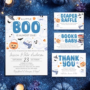 A Little Boo Is Almost Due Baby Shower Bundle, Spooky Halloween Baby Shower Invitation, Fall Books For Baby Boy Printable BSHB01