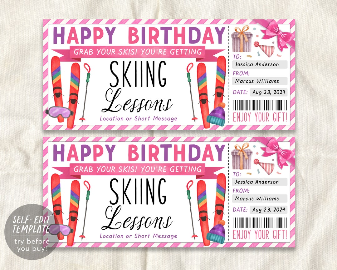 Skiing Lessons Voucher Gift Voucher Editable Template, Birthday