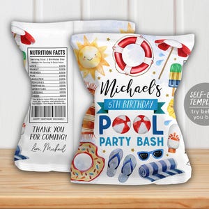 Pool Party Chip Tasche Geburtstag Wrapper Label bearbeitbare Vorlage, Kinder Junge Sommer Schwimmbad Party Birthday Bash Gefälligkeiten Snack Leckerei Beutel Dekor