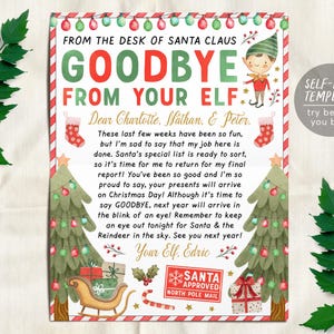 May include: A printable letter template titled FROM THE DESK OF SANTA CLAUS GOODBYE FROM YOUR ELF. The design features a cartoon elf, two Christmas trees, a sleigh with gifts, stockings, and a red SANTA APPROVED NORTH POLE MAIL stamp.