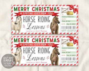 Horse Riding Lessons Christmas Gift Voucher Editable Template, Surprise Horseback Riding Class Holiday Gift Certificate Stocking Stuffer
