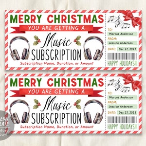 Modelo editável de cartão de presente de assinatura de streaming de música surpresa, cupom de voucher de certificado de presente de música de férias de Natal para amantes de música
