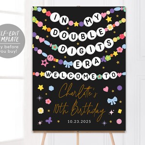 In My Double Digits Era Welcome Sign Editable Template, Eras Friendship Bracelet Party Birthday Poster, Tenth 10th Tween Girl Music Board