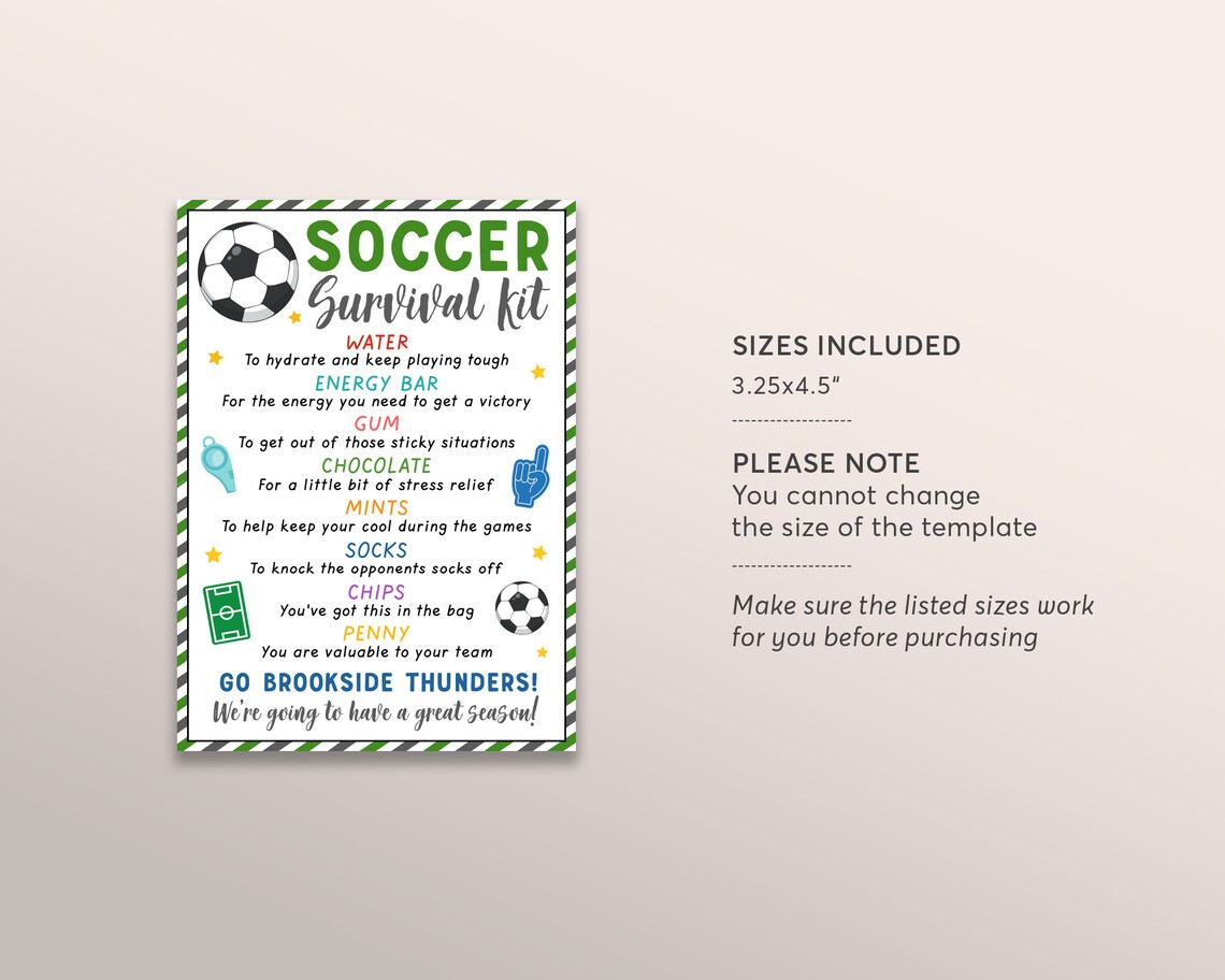 Soccer Survival Kit Gift Tags Editable Template, Soccer Player Team ...