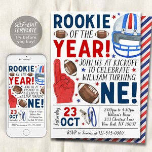 Può includere: Un invito di compleanno stampabile a tema football con colori rosso, bianco e blu. L'invito dice "Rookie of the Year!" e "Join us at kickoff to celebrate William turning one!" La data è sabato 23 ottobre.