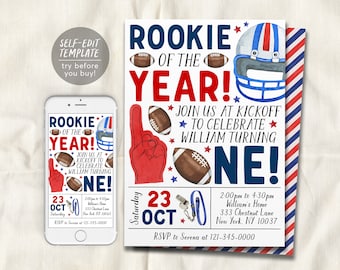 Football First Birthday Invitation Editable Template, Boy Rookie Of The Year Invite, Kids Sports Theme It's Game Time Evite First Year Down