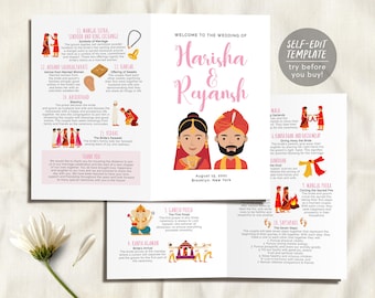 Può includere: Un modello di programma di matrimonio con il testo Welcome to the Wedding of Harisha & Reyansh, August 15, 2021, Brooklyn, New York. Il design include illustrazioni di una sposa e uno sposo, Ganesha e varie icone di rituali nuziali.