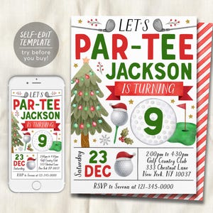Könnte beinhalten: Eine Geburtstagseinladungsvorlage zum Thema Golf mit einem Weihnachtsbaum, Golfbällen mit Weihnachtsmützen und einem rot-grünen Farbschema. Der Text lautet: LET'S PAR-TEE JACKSON IS TURNING 9, Saturday 23 DEC, 2:00pm to 4:30pm, Golf Country Club, 333 Chestnut Lane, New York, NY 10037, RSVP to Serena at 121-345-0000.