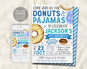 Donuts and Pajamas Birthday Invitation Editable Template, Boy Tween Sprinkles Donut Party Invite, Kids PJs Slumber Party Sleepover Evite