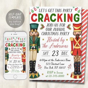 Nutcracker Christmas Party Invitation Editable Template, Holiday Let's Get This Party Cracking Invite, Winter Evite, Let's Get Crackin'