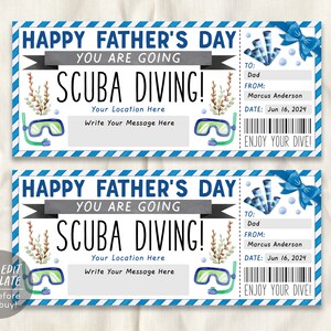 Fathers Day Scuba Diving Ticket Editable Template, Snorkeling Experience Reveal Gift Voucher For Dad, Deep Sea Diving Trip Gift Certificate