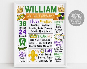 May include: A white-framed birthday milestone poster for William featuring green, purple, and gold Mardi Gras themed graphics including crowns, masks, a trumpet, and a fleur-de-lis. The text lists stats like 38 inches and 24 pounds.
