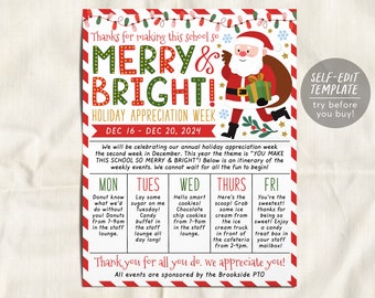 Holiday Theme Teacher Staff Appreciation Week Itinerary Flyer Editable Template, Merry and Bright Christmas Winter Schedule Newsletter PTO