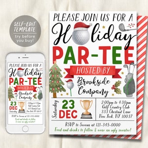May include: A printable invitation for a Holiday Par-Tee hosted by Brookside Company. The invitation features a red and green color scheme with a golf ball, a Christmas tree, and a golf bag. The event is scheduled for December 23rd at Golf Country Club in New York.