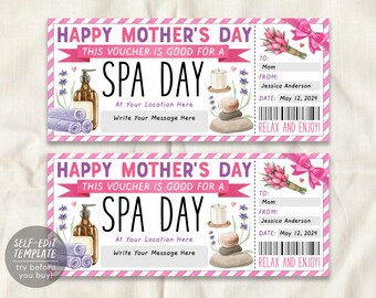 Może przedstawiać: Dwa identyczne prostokątne bony na dzień spa z okazji Dnia Matki z różowymi paskami na obrzeżach. Tekst zawiera Happy Mother's Day, This voucher is good for a spa day, To: Mom, From: Jessica Anderson, Date: May 12, 2024, oraz Relax and enjoy.
