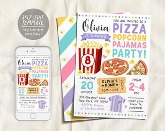 May include: A digital and printed invitation template for a pizza, popcorn, and pyjamas party. The design features a red and white popcorn bucket with the number 8, a pepperoni pizza, a ticket, and a purple pyjama shirt with colourful text.