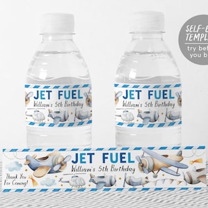 Modèle modifiable d'étiquettes de bouteille d'eau de fête d'avion, étiquettes de boisson d'emballage de bouteille de fête d'anniversaire de carburéacteur d'avion de garçon, emballage d'aviation vintage