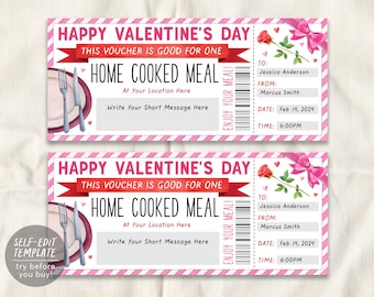 Valentines Day Home Cooked Meal Coupon Editable Template, Surprise Personal Chef Experience Dinner Gift Voucher, Dining Gift Certificate