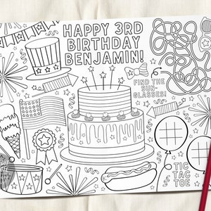 4th of July Coloring Placemat For Kids Birthday Editable Template, Independence Day Coloring Page Craft Activity Sheet Table Mat Printable