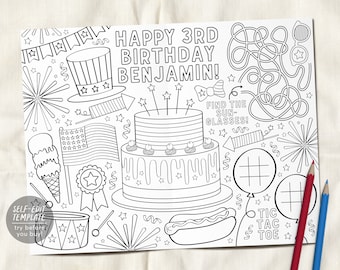 May include: A black and white printable coloring page with a birthday cake, fireworks, a hot dog, a drum, an ice cream cone, a tic-tac-toe game, and the text "Happy 3rd Birthday Benjamin!" and "Find the sun-glasses!"