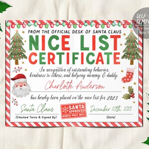 Modello modificabile certificato Babbo Natale Nice List, lettera approvata da Babbo Natale, certificato di lettera di Babbo Natale personalizzabile approvato stampabile fai da te