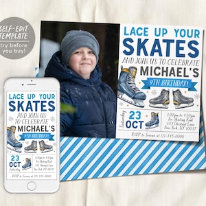 Ice Skating Birthday Invitation With Photo Editable Template, Boy Ice Hockey Skating Party Invite, Kids Lace Up Your Skates Skate Rink Evite