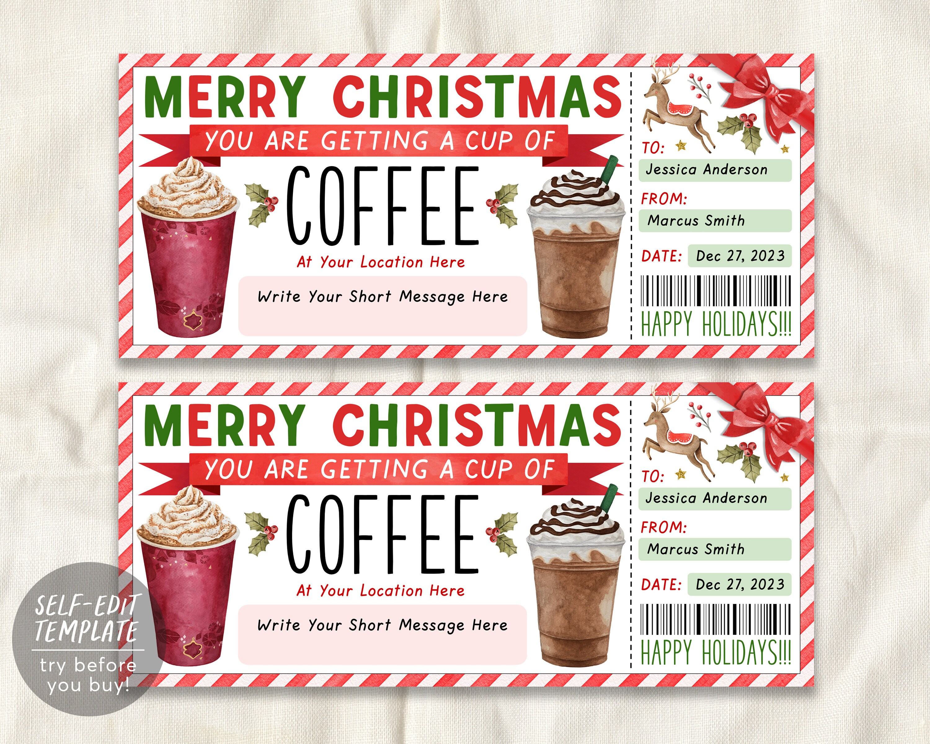Christmas Coffee Gift Coupon Editable Template, Surprise Holiday Coffee Gift Certificate, Thanks A Latte Cafe Voucher Coffee Lover Gift Card