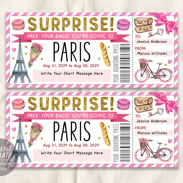 Paris Trip Ticket Boarding Pass Editable Template, Surprise France Travel Vacation Gift Certificate For Birthday Valentines Anniversary DIY