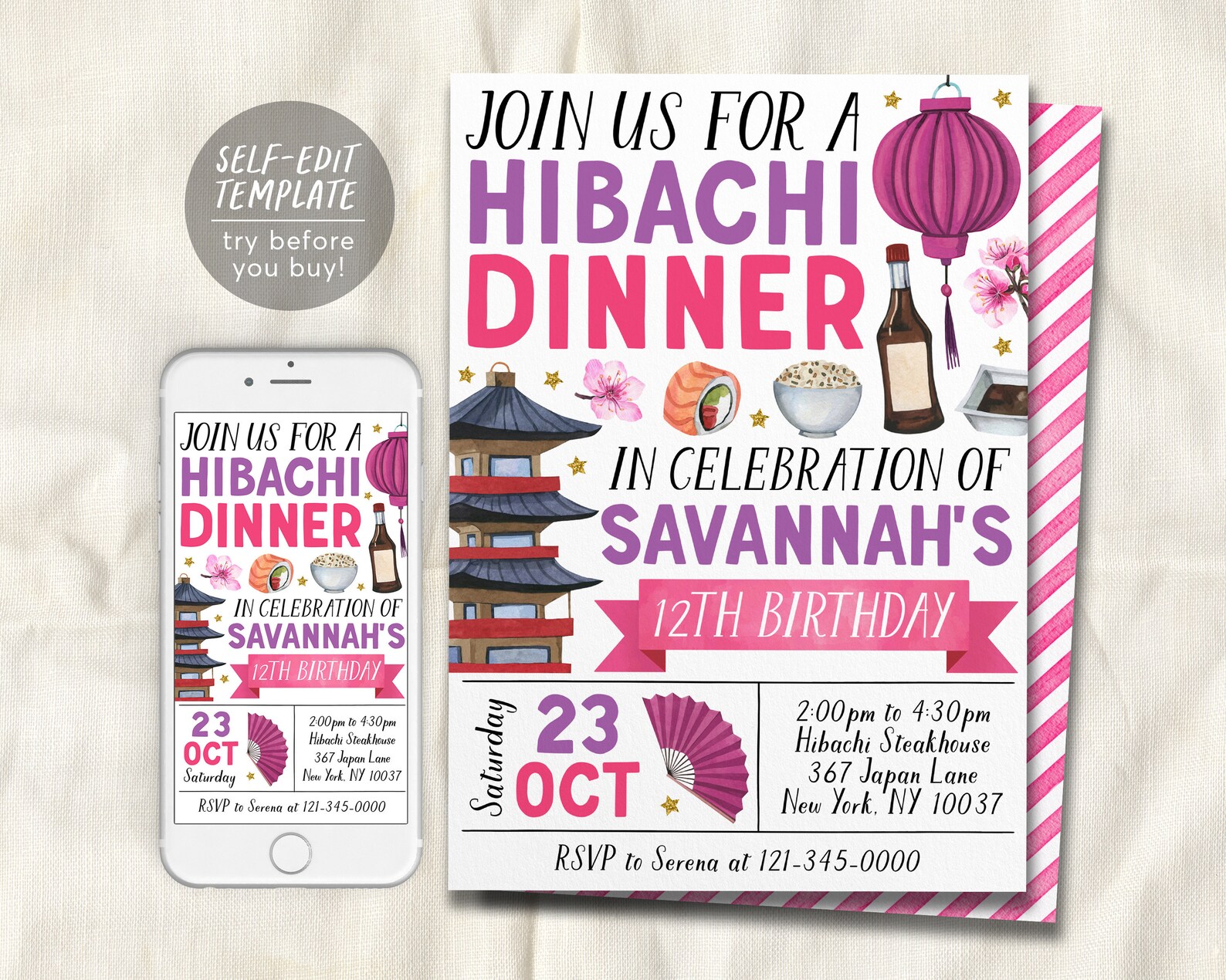 Japan Invite Hibachi Birthday Invitation Editable Template, Hibachi Japanese ...