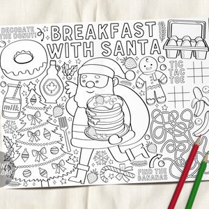 Tovaglietta per bambini da colorare per colazione con Babbo Natale, ciambelle, pancake con Babbo Natale, foglio delle attività natalizie, download immediato
