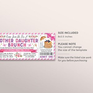 K&ouml;nnte beinhalten: Rosa-wei&szlig;e Ticket-Einladung zu einem Mutter-Tochter-Brunch. Das Ticket enth&auml;lt Datum, Uhrzeit, Ort und RSVP-Informationen. Das Ticket ist 8x3,5 Zoll gro&szlig;.