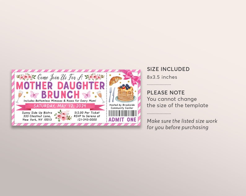 K&ouml;nnte beinhalten: Rosa-wei&szlig;e Ticket-Einladung zu einem Mutter-Tochter-Brunch. Das Ticket enth&auml;lt Datum, Uhrzeit, Ort und RSVP-Informationen. Das Ticket ist 8x3,5 Zoll gro&szlig;.