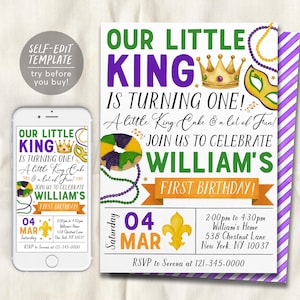 Mardi Gras Birthday Invitation Editable Template, Our Little King Kids Mardi Gras Fat Tuesday Theme Party Invite, New Orleans King Cake