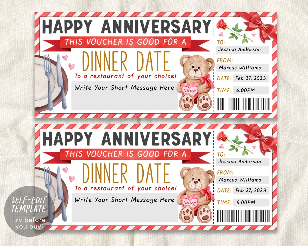 Dinner Night Gift Voucher Certificate Editable Template, Surprise