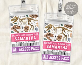 Dinosaur Party ID Badge VIP Pass Editable Template, Girl Paleontologist Dig Site All Access Pass, Fossil Dino Bones Jurassic T-Rex Party
