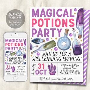 Puede incluir: Una invitación morada y rosa para una fiesta de pociones mágicas. La invitación presenta una ilustración de acuarela de botellas de pociones, estrellas y cristales. El texto dice "Fiesta de pociones mágicas" y "¡Únete a nosotros para una velada mágica!" con la fecha y la hora de la fiesta.