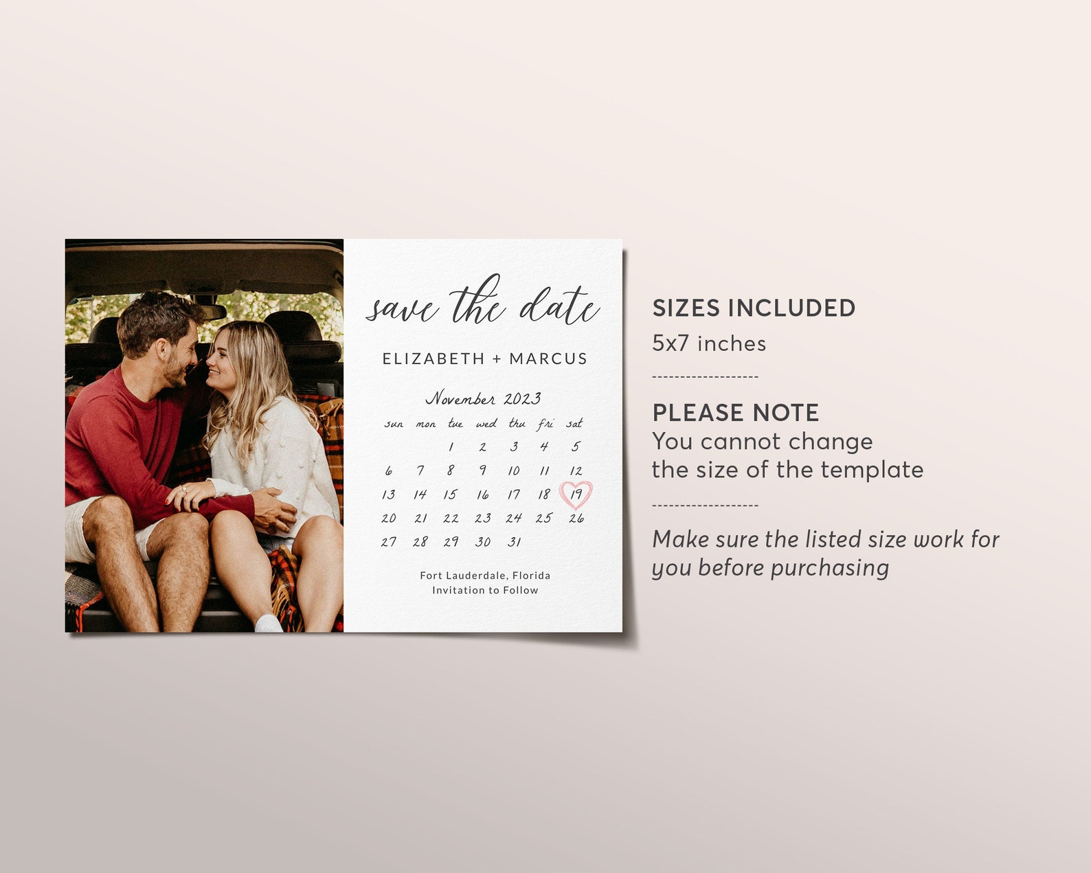 Calendar save the date editable template with photo simple etsy