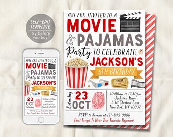 Modelo editável de convite de aniversário com filme e pijama, convite para festa do pijama unissex com pipoca e ingresso para cinema, convite para festa do pijama infantil