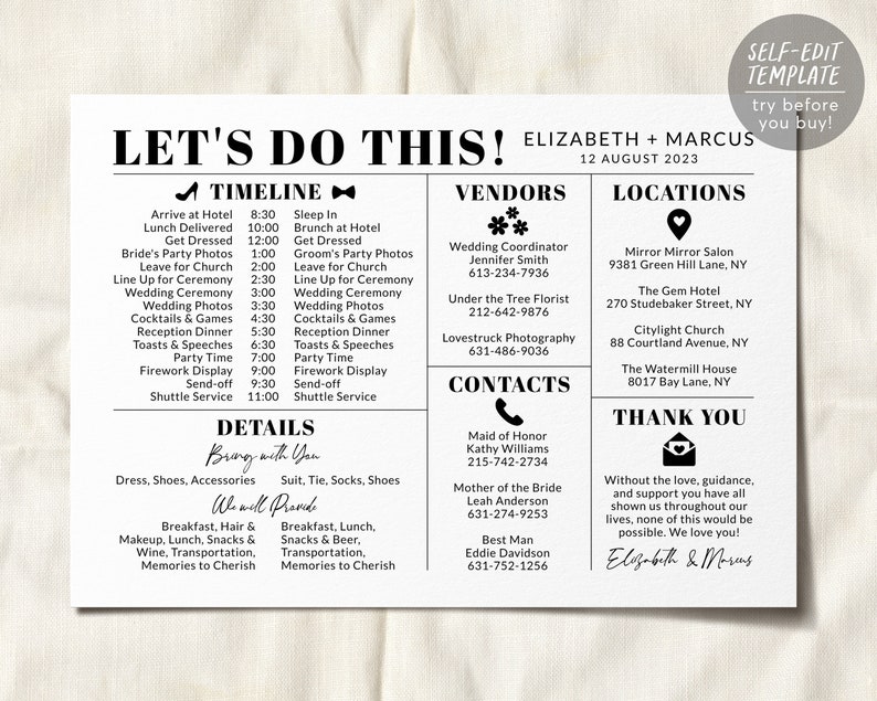 May include: A black and white wedding invitation with a timeline, vendor and location information for Elizabeth and Marcus's wedding on August 12, 2023. The invitation includes a thank you message from the couple.