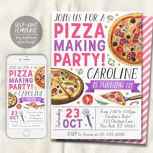 May include: A printable pizza party invitation with a pink and purple color scheme. The invitation features a watercolor illustration of a pizza with toppings and the text "Join us for a Pizza Making Party! Caroline is turning 12!"