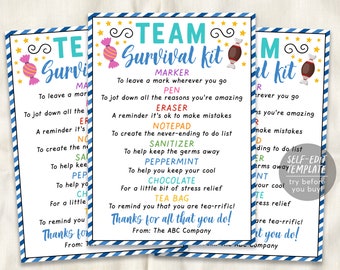 Team Survival Kit Tag Editable Template, Staff Appreciation Week, Welcome Gift Tags, Employee Treat Pack, Nurse Boss First Day Basket Favor