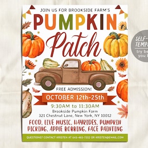 May include: A printable invitation for a pumpkin patch event at Brookside Farm. The invitation features a watercolor illustration of a vintage truck carrying pumpkins, gourds, and fall foliage. The text reads "Join us for Brookside Farm's Pumpkin Patch, Free Admission! October 12th-25th, 9:30 AM to 11:30 AM, Brookside Pumpkin Farm, 321 Chestnut Lane, New York, NY 10012, Food, Live Music, Hayrides, Pumpkin Picking, Apple Bobbing, Face Painting, Questions? Contact Kristen at 643-465-7352 or kristendemail.com".