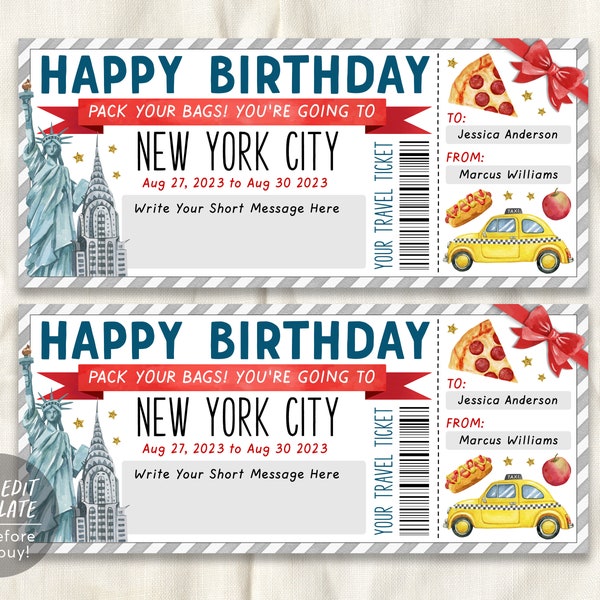 New York City Trip Ticket Editable Template, Birthday Anniversary Surprise Travel Vacation Gift Certificate, NYC Trip Reveal, Pack Your Bags